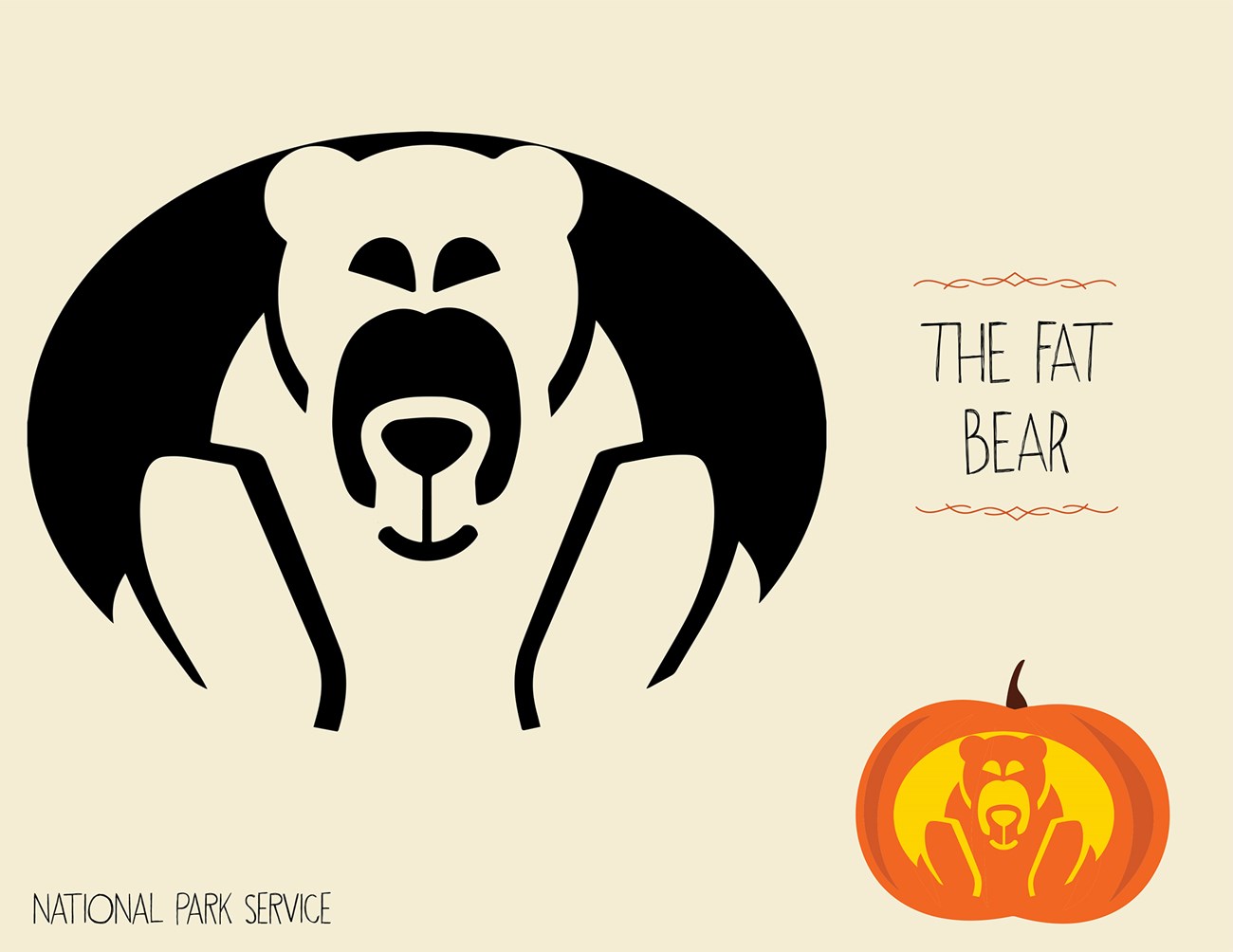 Pumpkin bear template Graphic for a pumpkin carving activity with a stencil of a bear and example of it used on a jack o' lantern. Text reads "The Fat Bear. National Park Service."