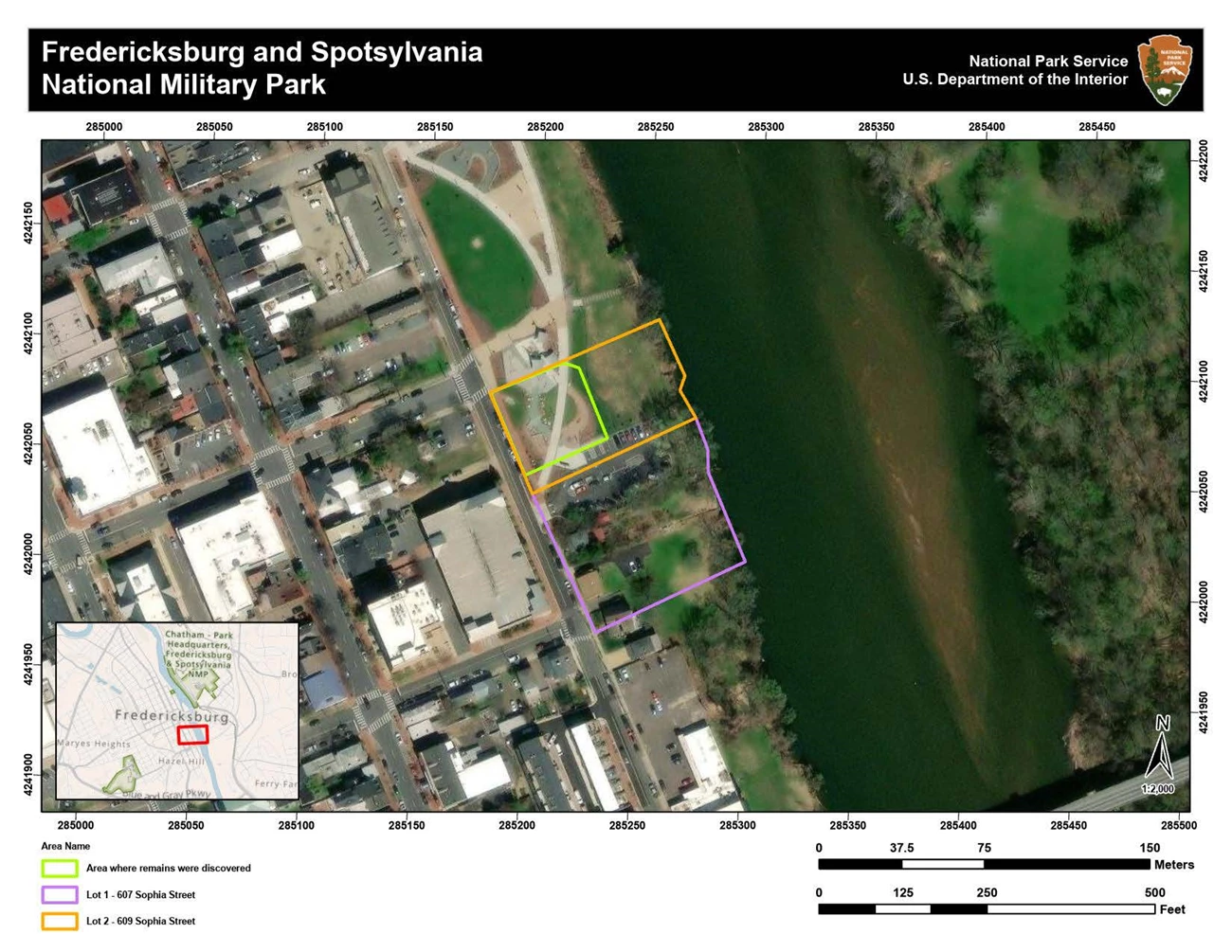 Riverfront Park Union Soliders Remains Discovery Location Aireal view of Riverfront Park in Fredericksburg VA detailing the locations US Army remains from the American Civil War were discovered in 2015.