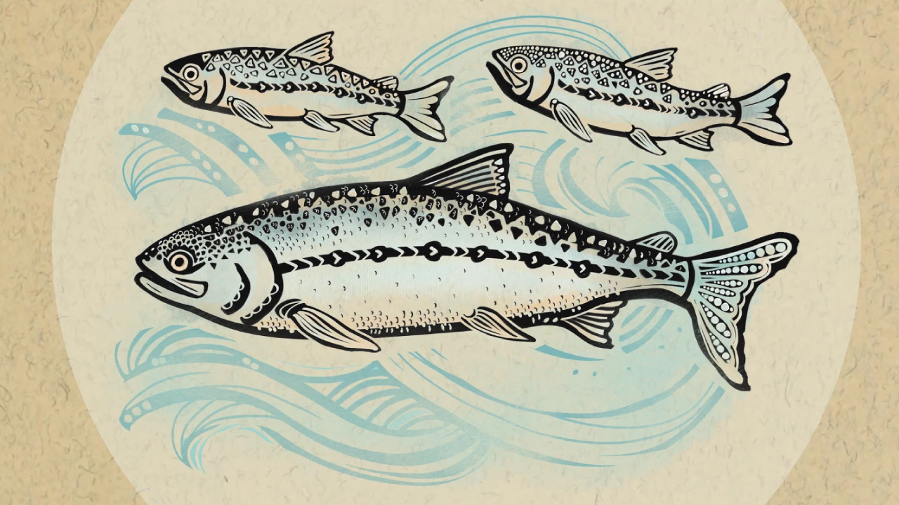 SALMON-TJR-Native-Names-Graphic-grid-template_2021-03-08_CCampbell drawing of three silver fish (salmon) swimming against a current