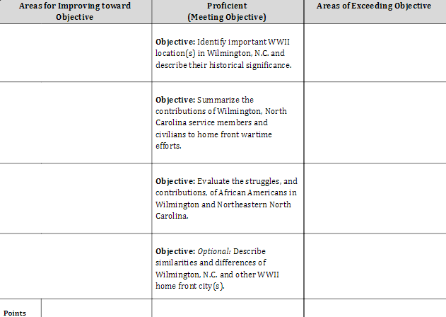 Single-Point Rubric as a table. There are three rows and 6 columns.