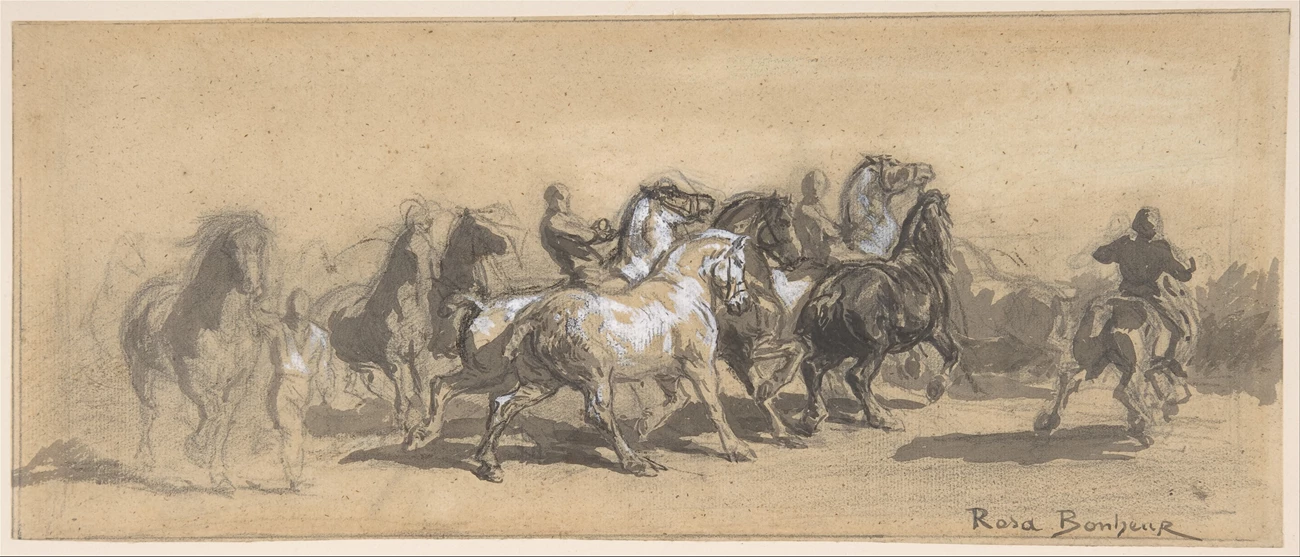 Study for "The Horse Fair" A horizontal black-and-white drawing showing a dynamic group of horses and handlers in motion.