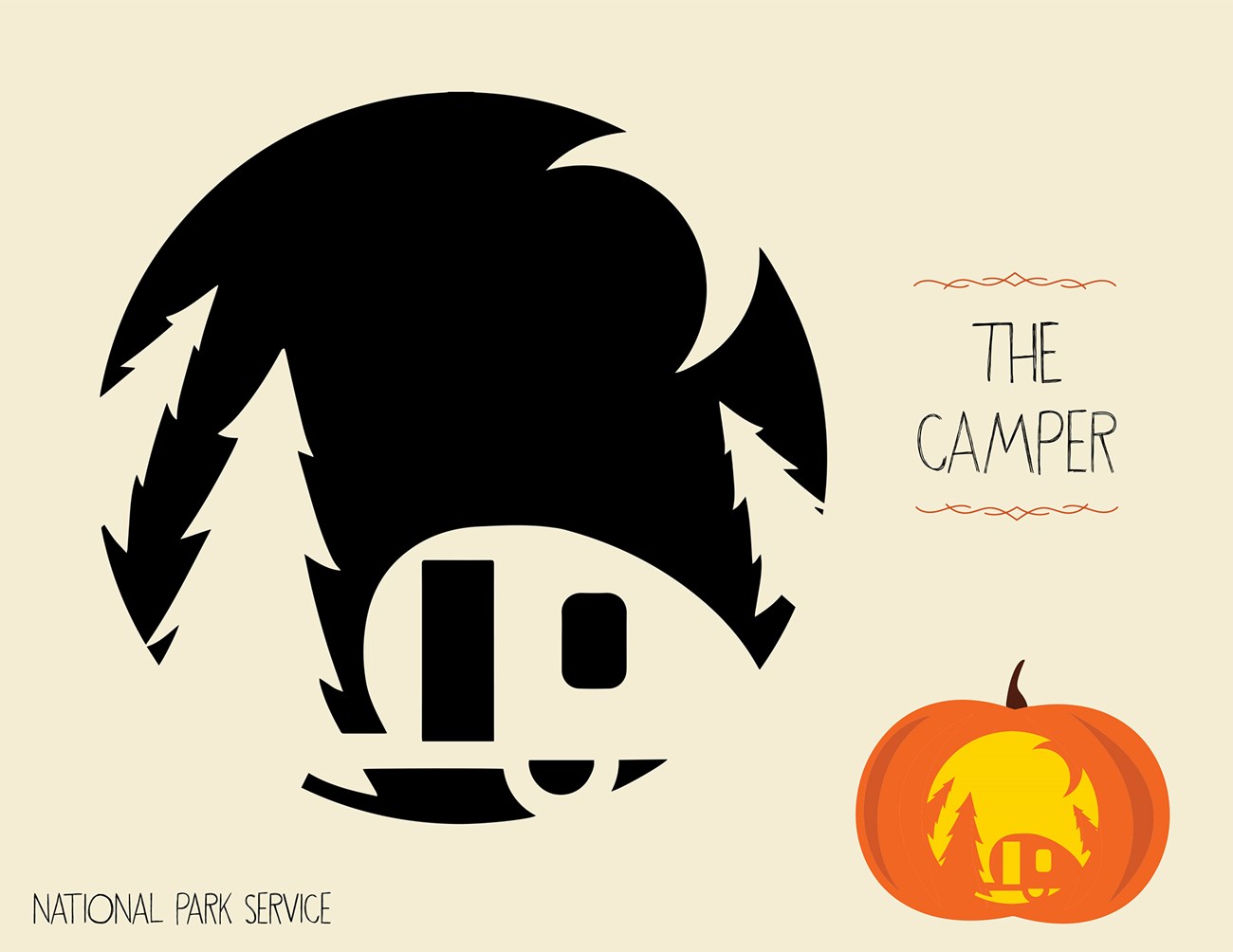 The Camper template Graphic for a pumpkin carving activity with a stencil of a trailer in the woods under the moon and an example of it on a jack o' lantern. Text reads "The Camper. National Park Service."