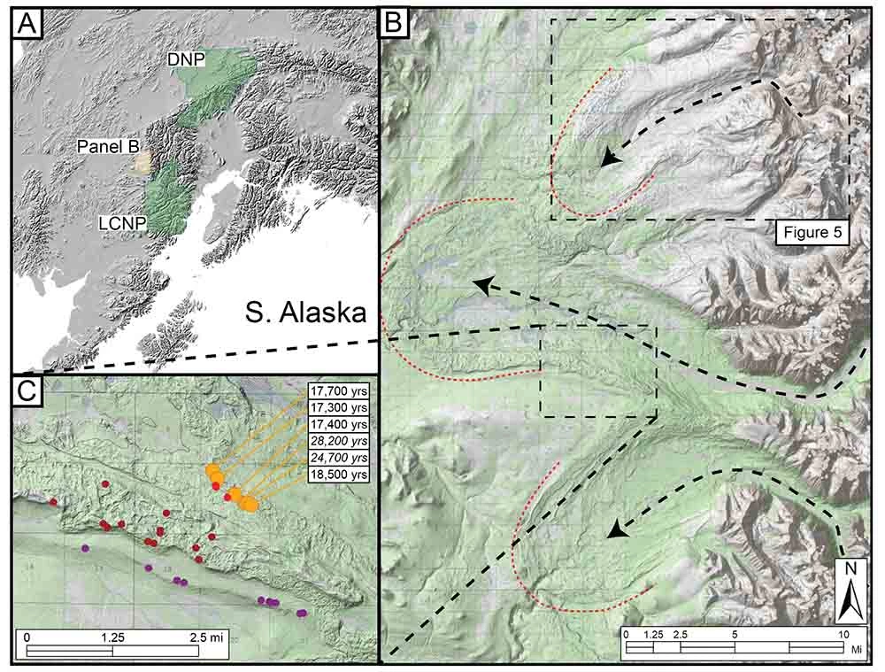 Tulenko_et_al_Fig4_updated_web A three-part figure showing a map of sampling locations, a zoom into one site, and another zoom into the map of glacier termina.