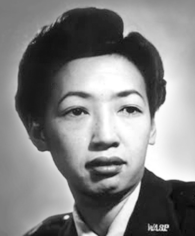 Hazel Ying Lee Portrait image of an Asian American woman in military uniform with the insignia "WASP"