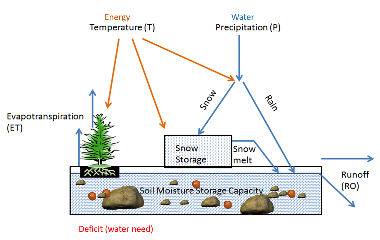 Schematic showing how water moves into and out of a landscape, influenced by energy (temperature)