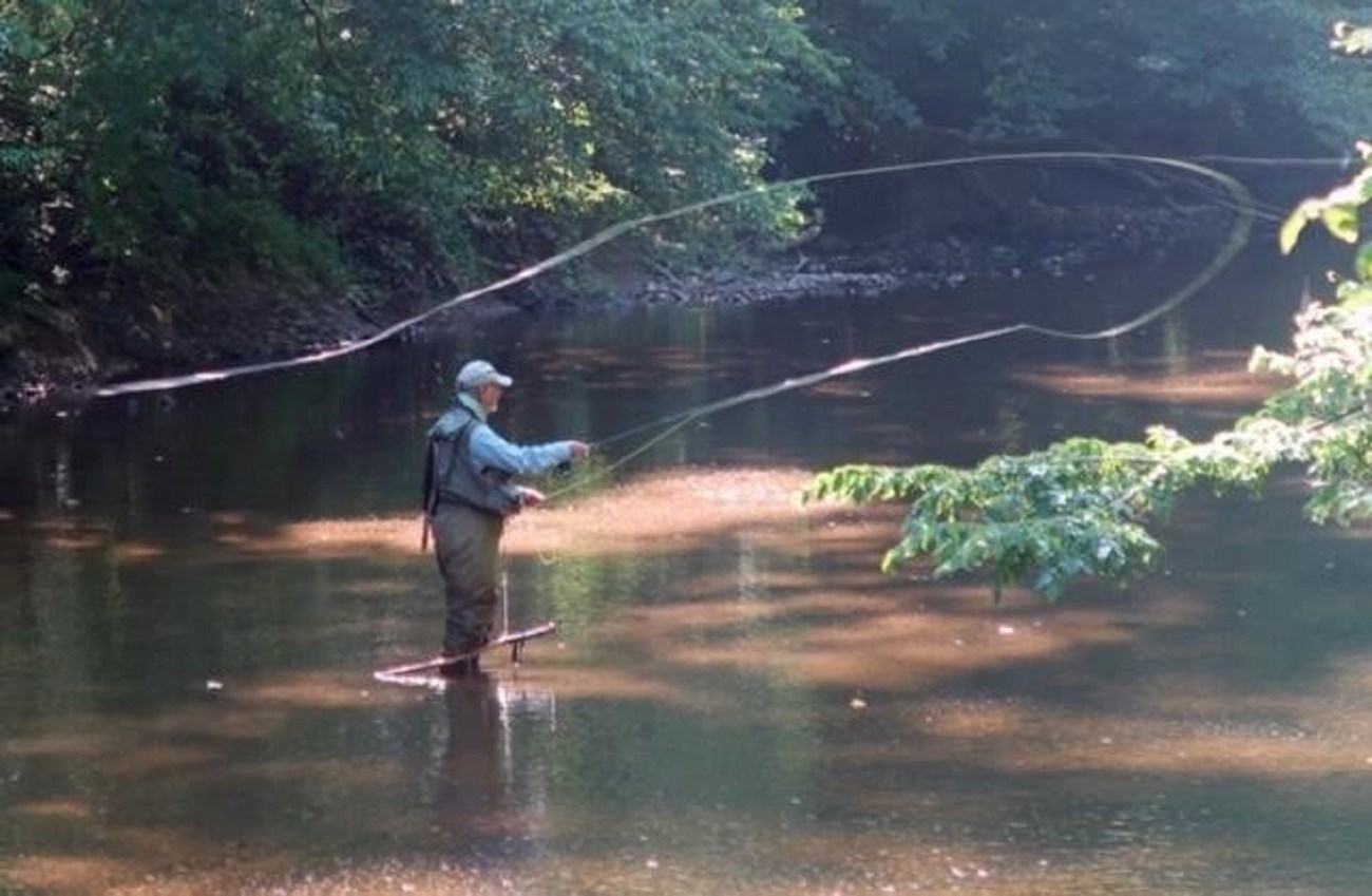 On a sun dappled section of river, Ed casts with his fly rod in hopes of his next big catch. Photo credit: Stewart Whisenant. On a sun dappled section of river, Ed casts with his fly rod in hopes of his next big catch. Photo credit: Stewart Whisenant.