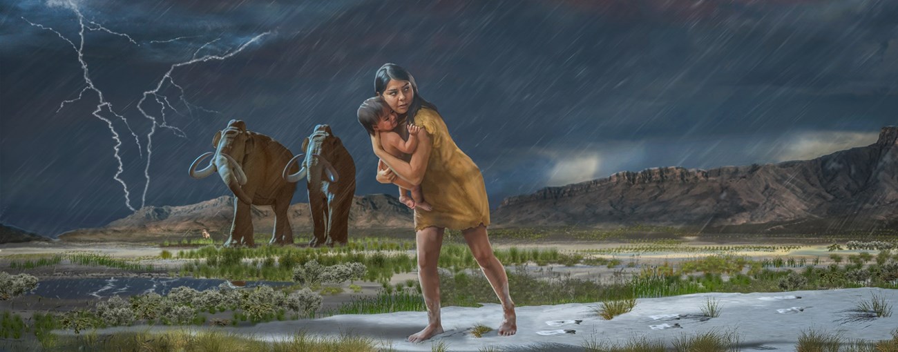WHSA Illustration Courtesy of Karen Carr Illustration of a woman carrying a child over sand in a thunderstorm