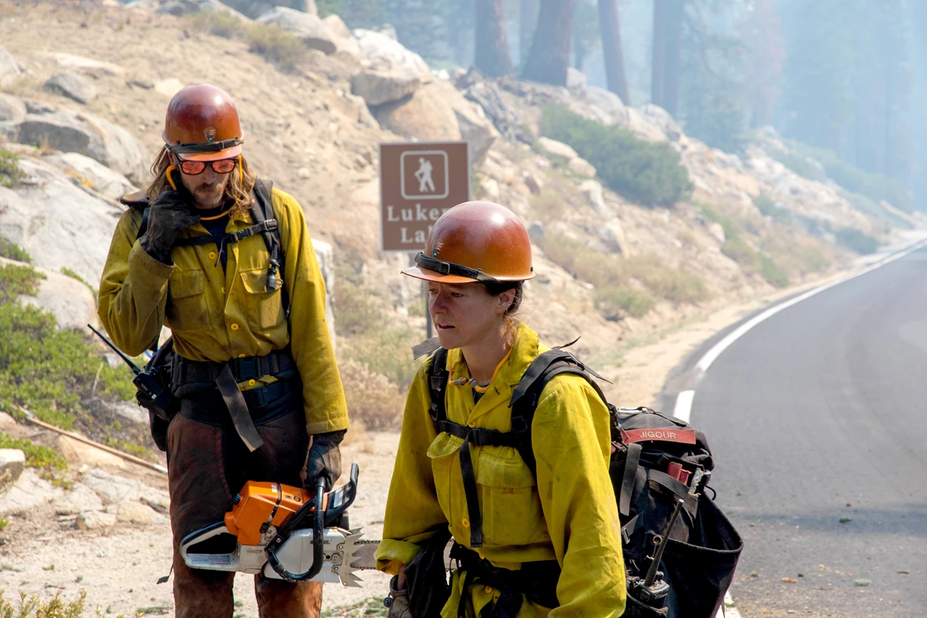 Wildland firefighters Wildland firefighters walking along a road through thick haze.