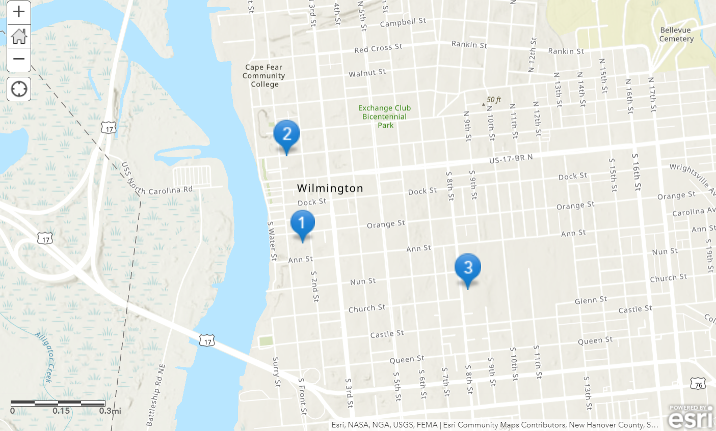 The three location from this article are mapped with numbers 1,2, and 3 on an EsriGIS map.