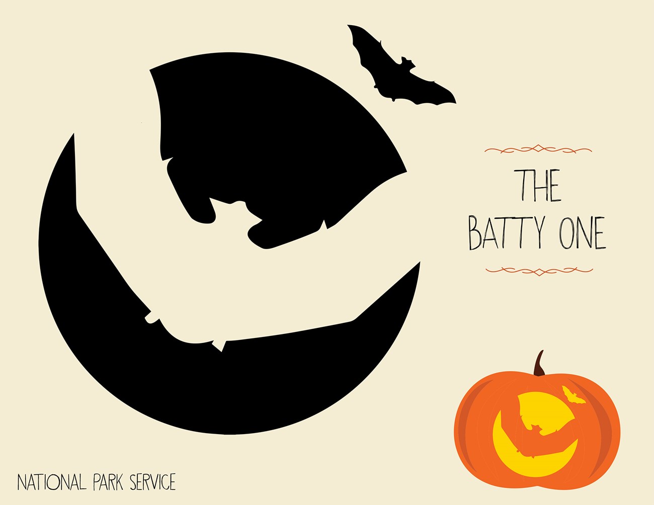 Bats Template Art project for carving pumpkins with a bat stencil and example of it on a jack o' lantern. Text reads The Batty One. National Park Service."