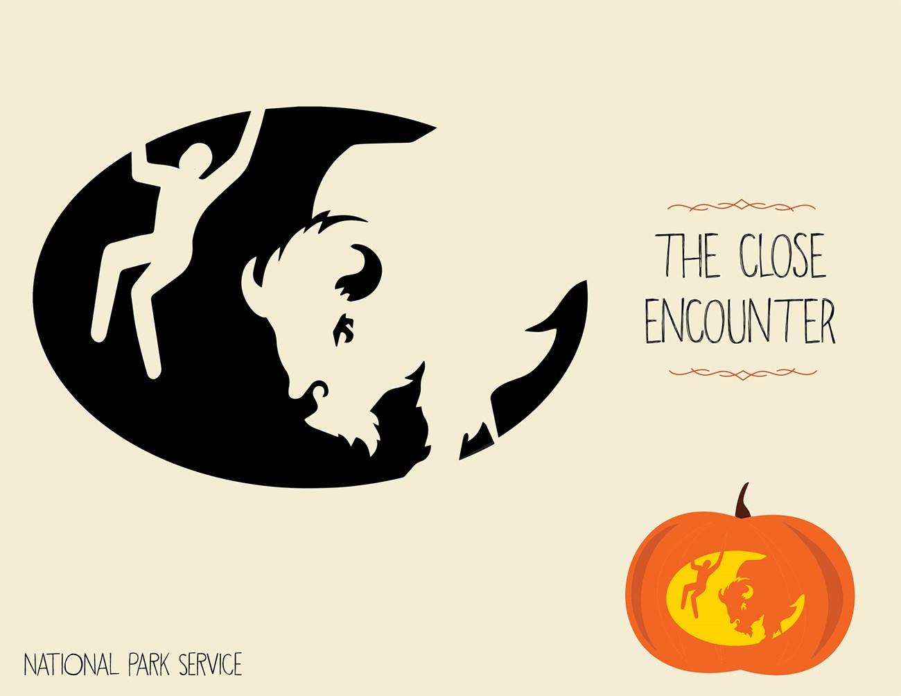 close encounter template Graphic for pumpkin carving projects with an stencil of a person being thrown by a bison and an example of the image on a jack o' lantern. Text reads "The Close Encounter. National Park Service."