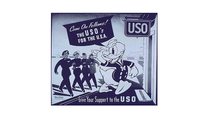 "The USO’s For the U.S.A.” cartoon by Walt Disney "The USO’s For the U.S.A.” cartoon by Walt Disney. Pictured is Donald Duck giving a thumbs up to soldiers.