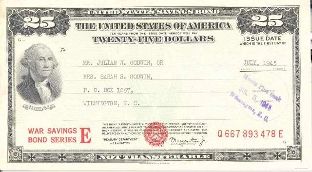 War Bond from Wilmington; July 5, 1945 War Bond from Wilmington; July 5, 1945. Pictured is a 25 dollar bill with George Washington on the left.