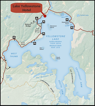 Yellowstone Lake map Map of Yellowstone Lake with a red dot indicating the location of the Lake Yellowstone Hotel.