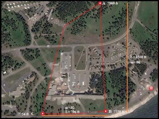 Aerial photo of the hotel Aerial photograph taken form Google Earth of the hotel and surrounding landscape. A polygon is drawn in red indicating the localized watershed drainage area surrounding the hotel.