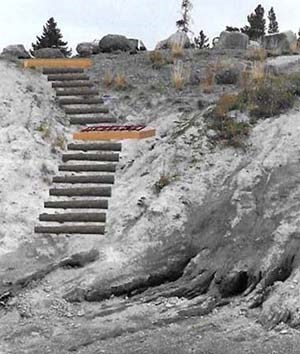 image15Mod Photo facing directly up a coastal bluff. Grey and tan digital logs are superimposed on the photo and placed to look like a stair set.