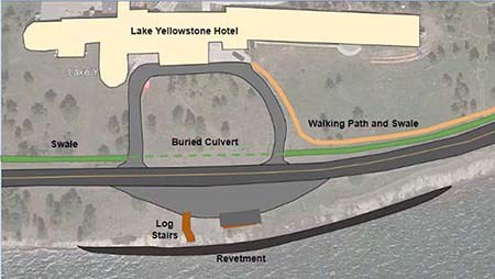 Aerial view of hotel Aerial view of the hotel, bluff, shoreline, and lake superimposed with polygons indicating the various engineering design locations. South of the hotel is the arched round-a-bout road leading to the main road.