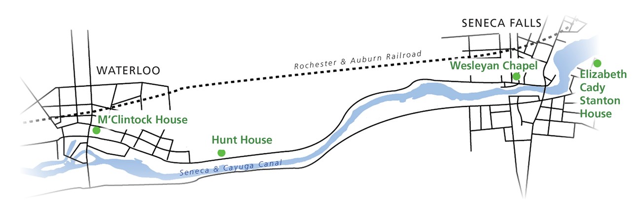 Waterloo and Seneca Falls, New York map showing key locations from the Women's Rights Movement in Waterloo and Seneca Falls