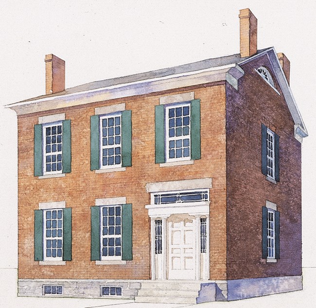 Mary Ann M'Clintock's House Illustration of a two-story red brick house with green shutters
