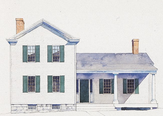 Elizabeth Cady Stanton's House Illustration of a two-story white house with green shutters