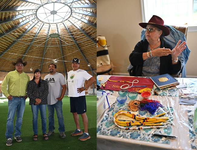 Four people stand under a domed roof and Woman sitting at table with beads