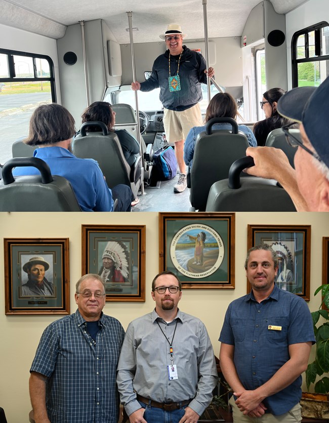 Man standing in a bus and Three men stand in front of paintings