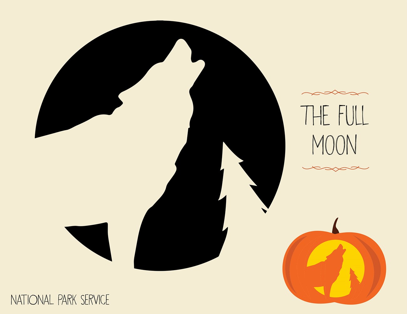 moon template Graphic for pumpkin carving project with a stencil of a coyote howling and tree silhouette against the moon with an example of it used on a jack o' lantern. Text reads "The Full Moon. National Park Service."