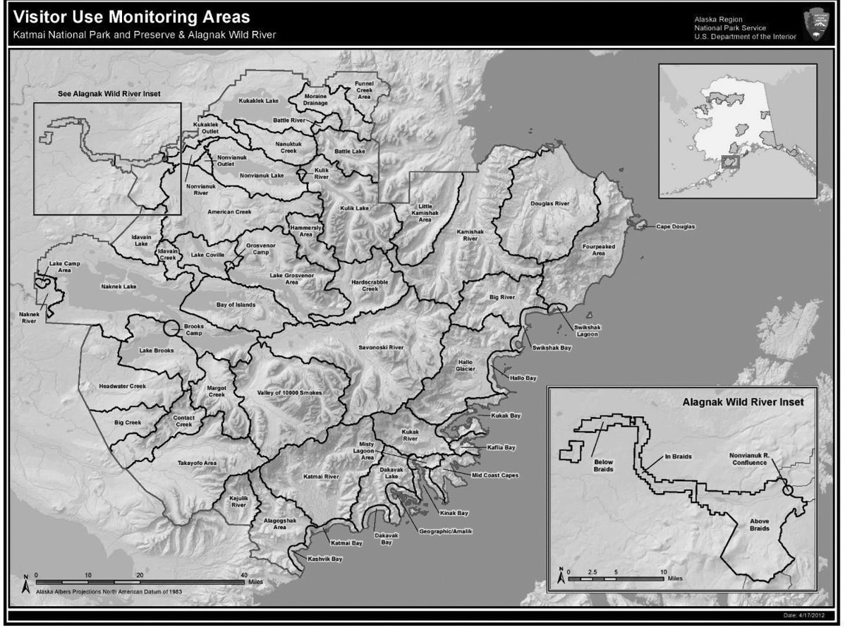 visitor use monitoring katmai_web A map of Katmai showing visitor management units.
