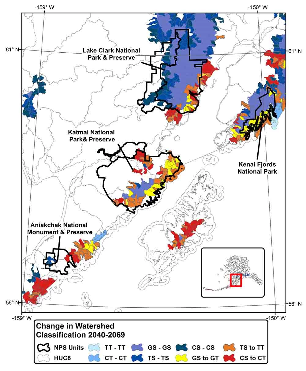10-Figure 4 A map of parks in southwest Alaska showing the projected change in watershed classification.