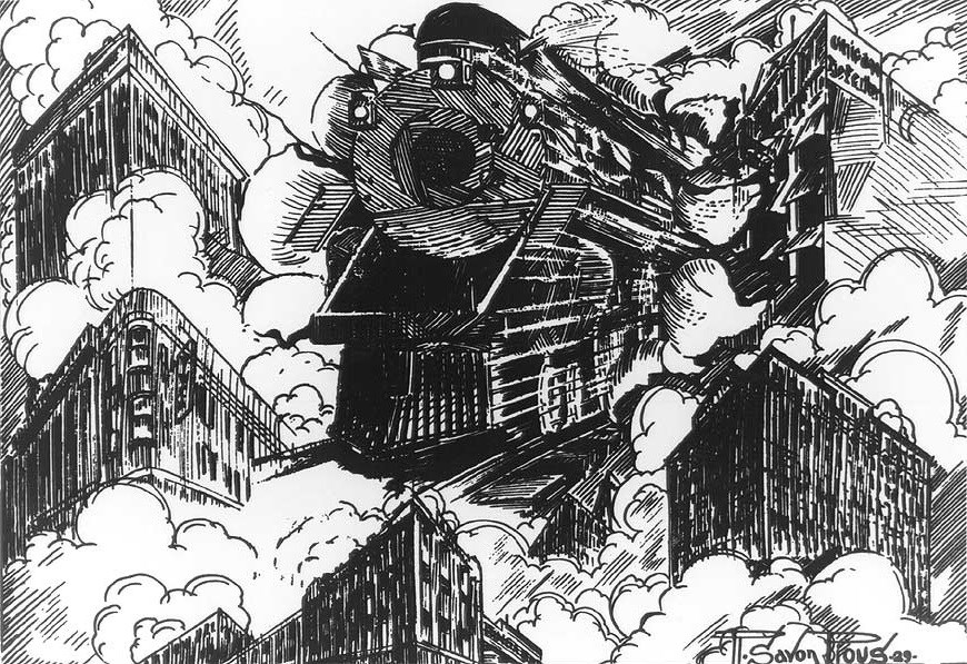 Cartoon of train barreling down through a city. Cartoon of train barreling down through a city.