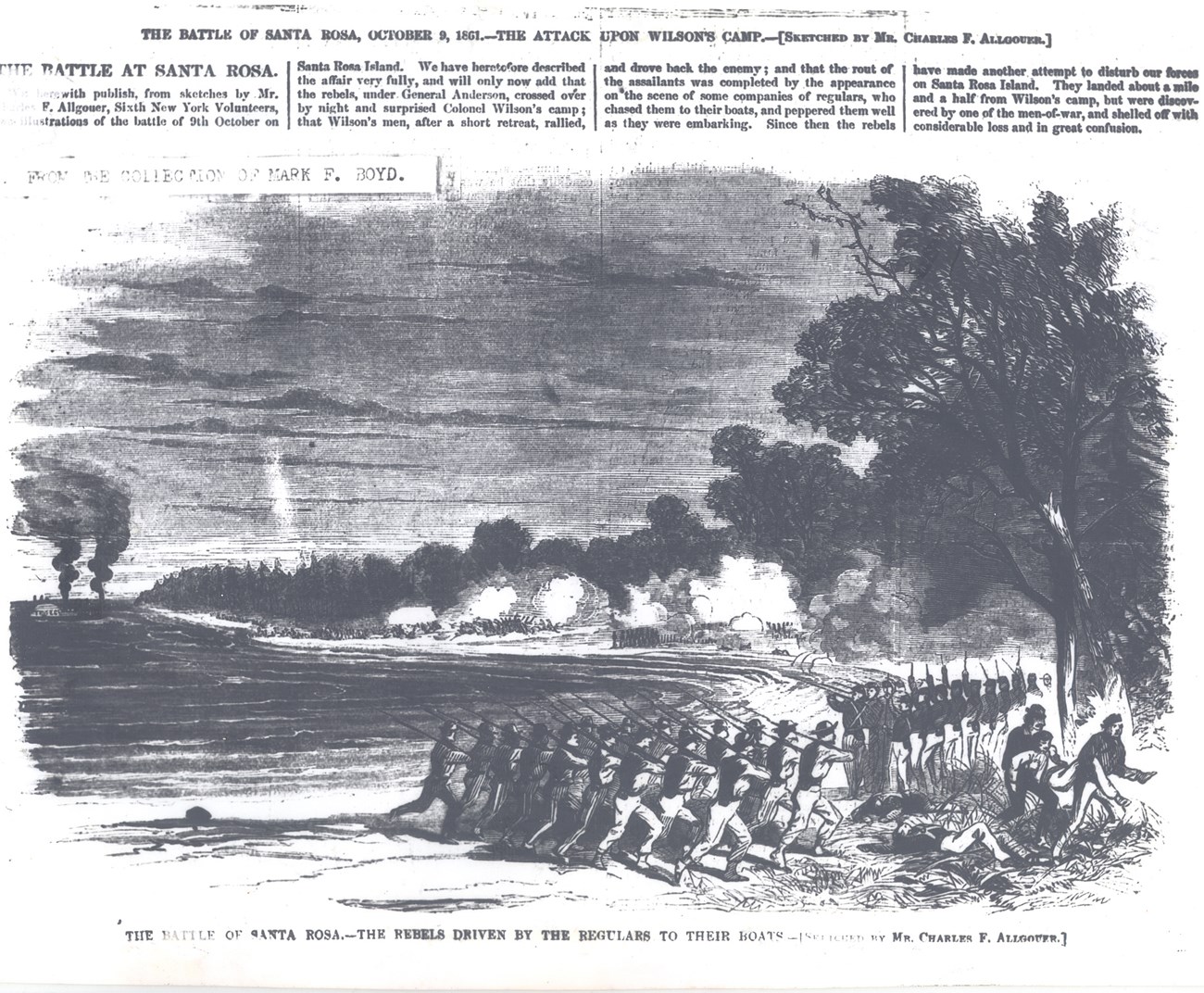 835 BattleSRI Boyd Coll Newspaper etching showing soldiers marching across a beach.