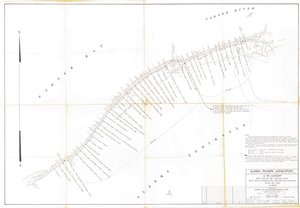 A copy of an old paper map with the careful notations of the location of set nets held by the Alaska (fish) Packers Association.