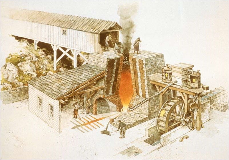 Drawing of 19th-century blast furnace in operation.(National Park Service, Richard Schlecht, illustrator) Drawing of 19th-century blast furnace in operation.(National Park Service, Richard Schlecht, illustrator)