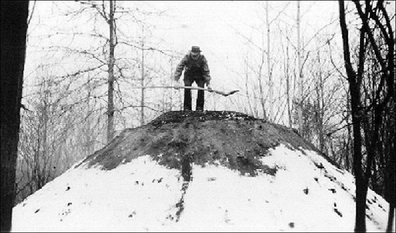 Man standing on a mound of sediment holding a shovel. Man standing on a mound of sediment holding a shovel.