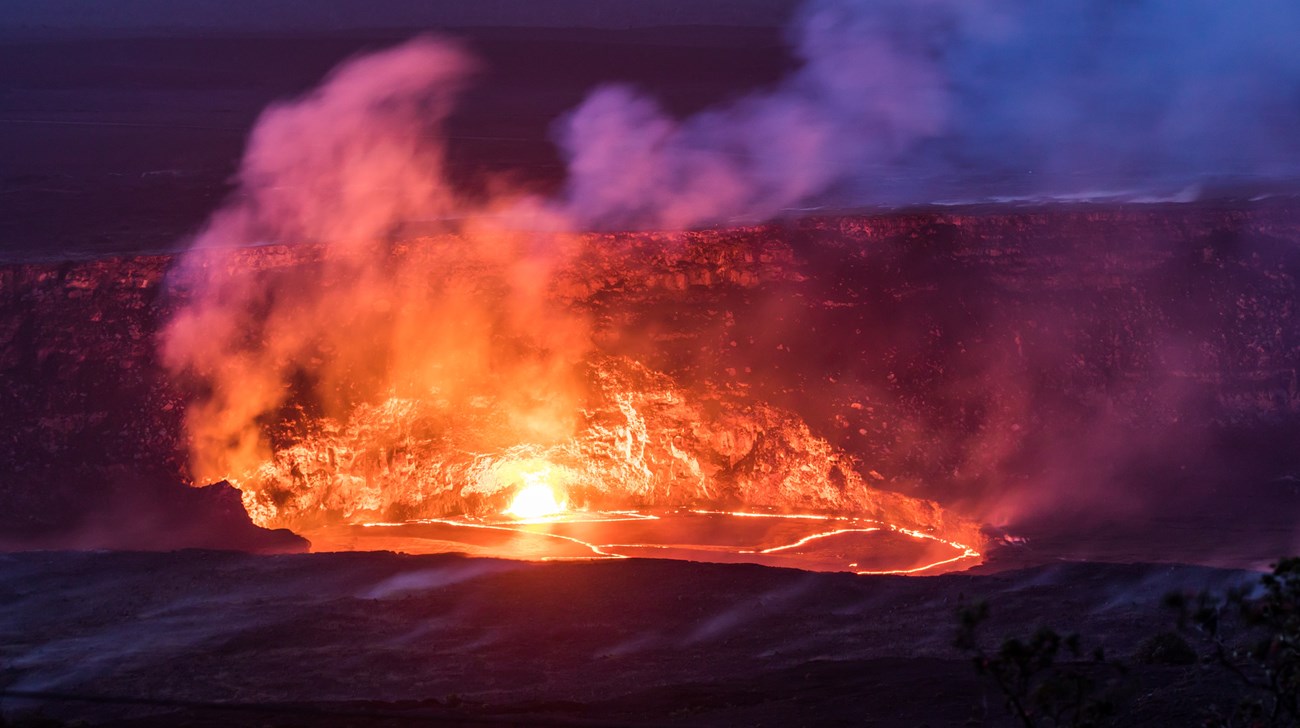 Over flowing lava lake in a volcanic crater