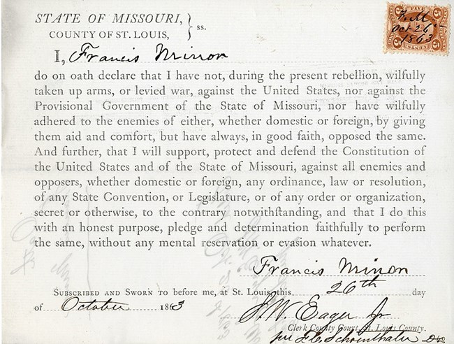 Loyalty_oath_of_Francis_Minor_of_Missouri,_County_of_St._Louis Image of a document signed by Francis Minor. Coll Missouri Historical