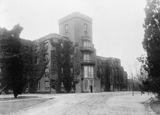 Exterior of brick hospital building