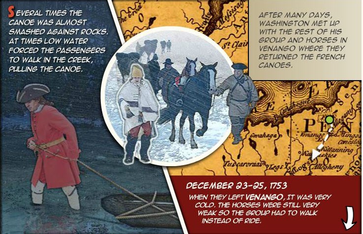 Washington pulling a dugout canoe through shallow water, Gist and Washington walking the horses, and a map of the route from Ft LeBoeuf