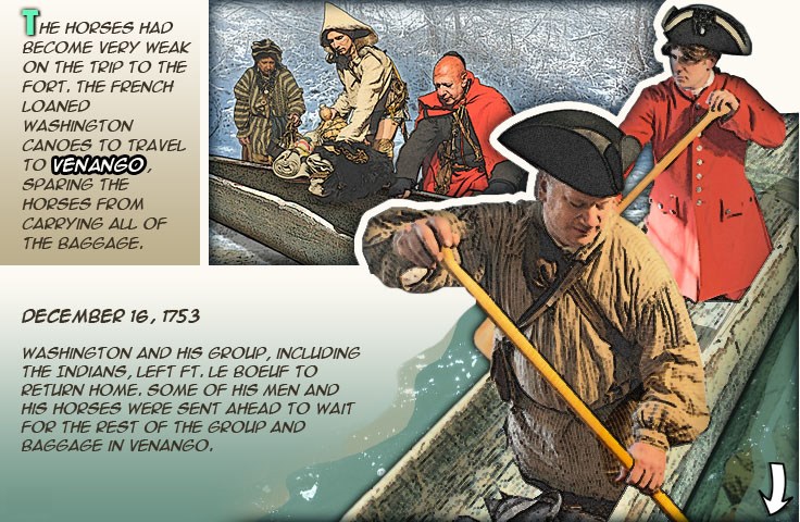 American Indians loading packs into a dugout canoe, and Washington and Gist paddling another dugout canoe.