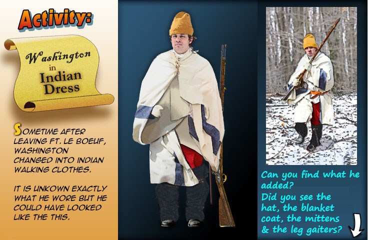 Washington wearing a knit hat, knit mittens, leg gaiters and a blanket as a coat.