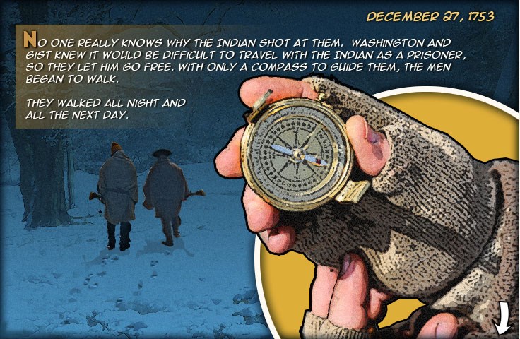 Gist holding a compass and Washington and Gist walking through the snow.
