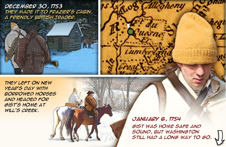 Washington and Gist walking towards a cabin, the two men riding horses and a map of their route.