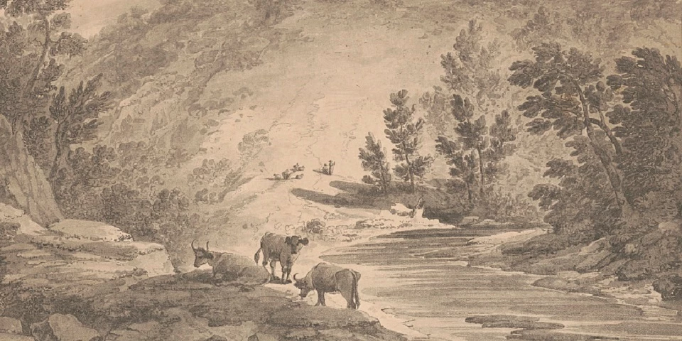 View on the Wissahickon Print showing three cows grazing along the Wissahickon Creek