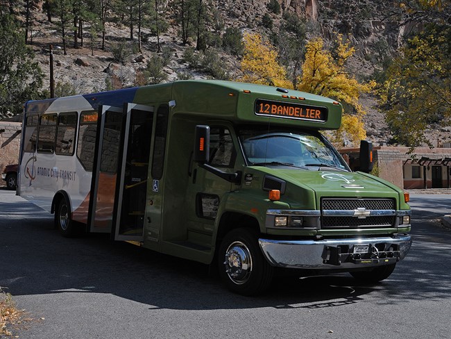 A green bus sits in a parking lot with trees with golden leaves behind it.