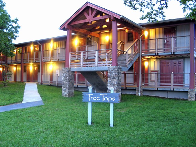 The entrance to a rustic lodge.