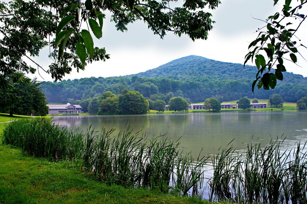 Sharp Top Mountain and Peaks of Otter Lodge across Abbott Lake.