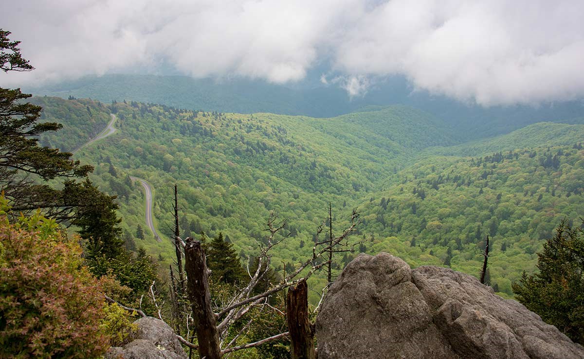 Dark clouds hang over the mountains after a late spring rainstorm.