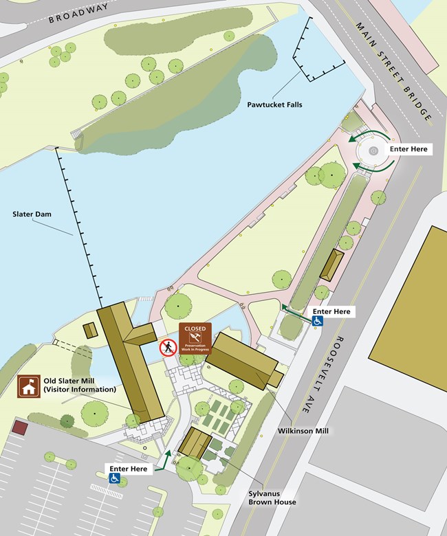 Map of the Old Slater Mill site showing building locations, parking, and accessible entrances. The Raceway Bridge between Old Slater Mill and Wilkinson Mill is marked closed.