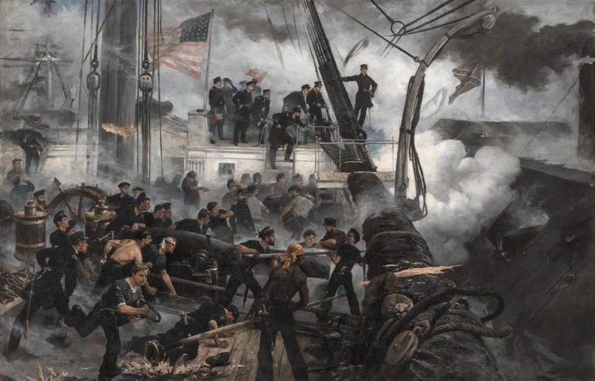 An August morning with Farragut; the Battle of Mobile Bay, August 5, 1864 Painting of the deck of USS Hartford with crewmembers manning their cannon. A Confederate ironclad is immediately upon the ship's broadside to the right. Admiral Farragut stands on a rope shroud overlooking the carnage.