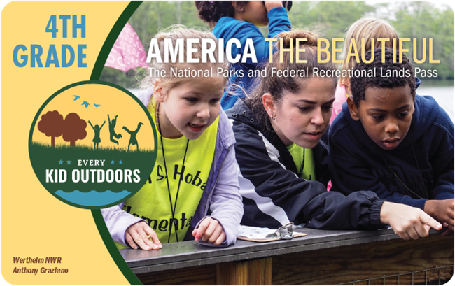 Every Kid Outdoor card cover with three kids looking over a low fence that they lean on and pointing at something.